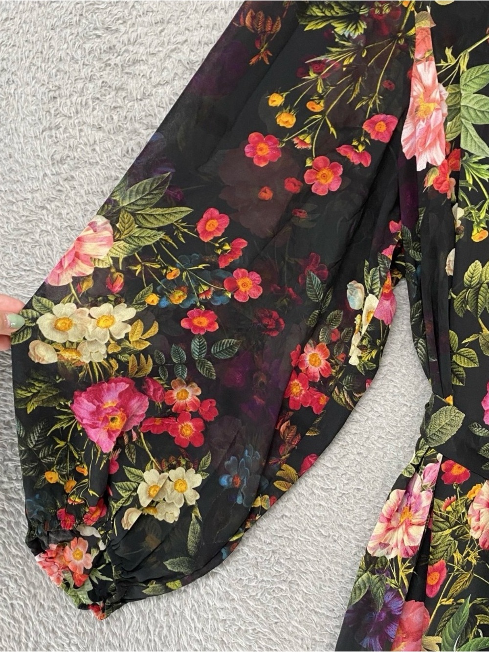Floral Black Long Sleeve Ruffle Wrap Dress - Picture 3 of 13